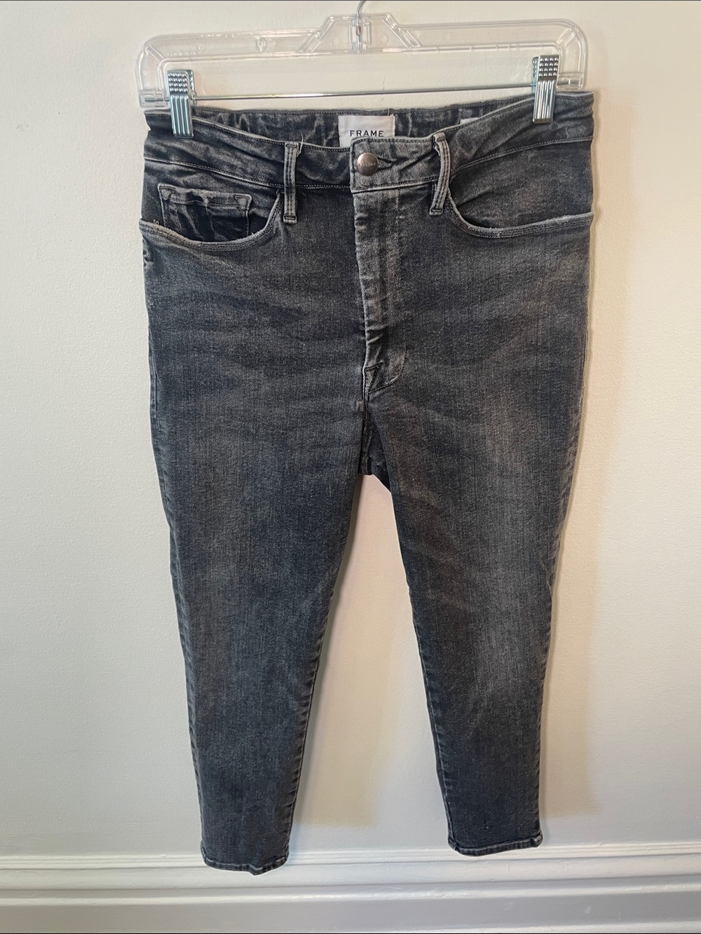 FRAME Le One Skinny Jeans Hughes Washed Black One Size Stretch Denim